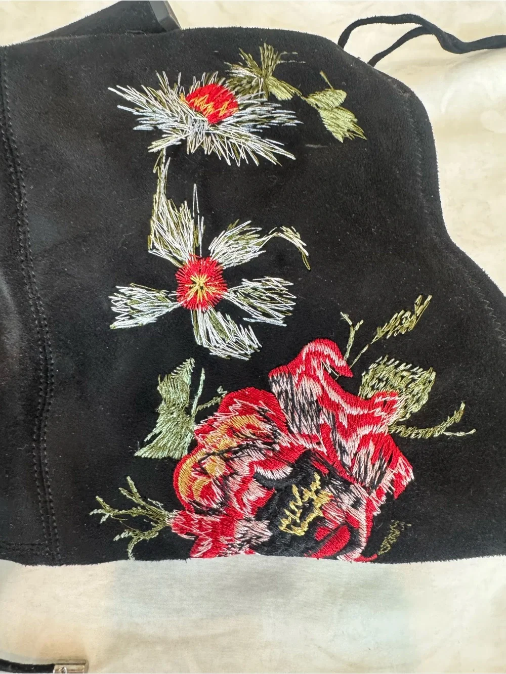 Over the knee micro suede boots with sophisticated floral embroidery